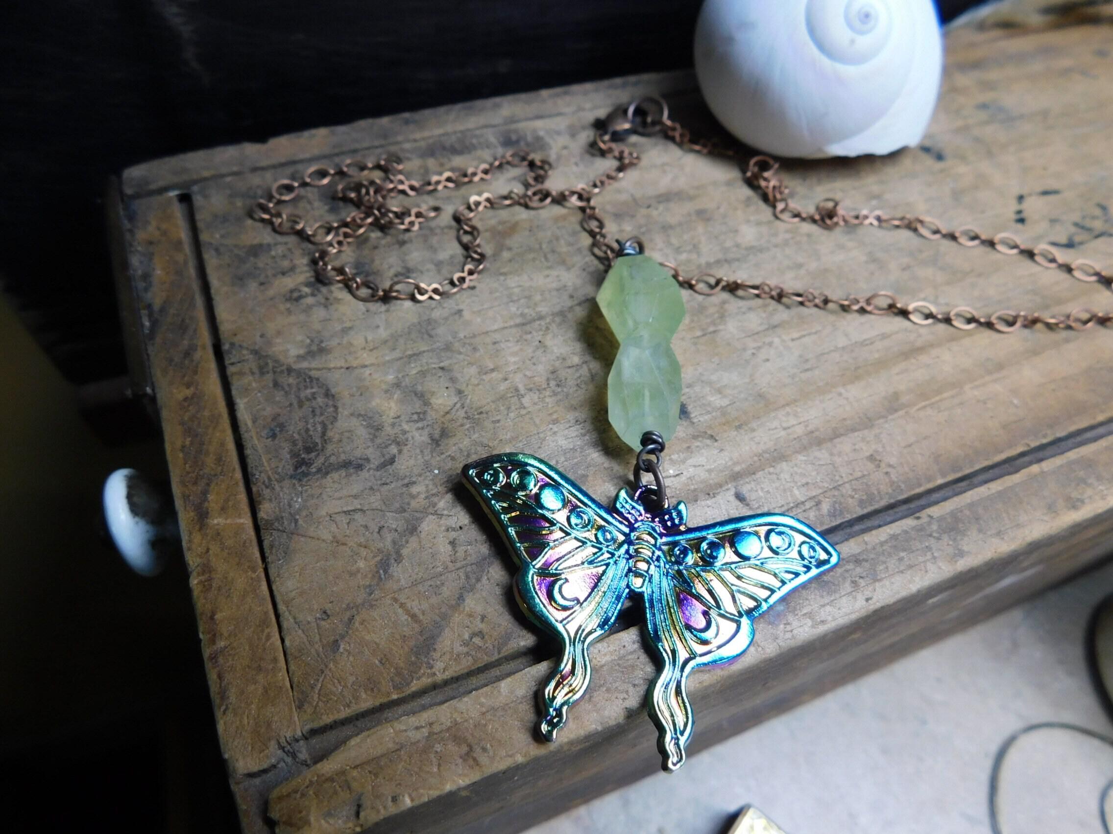 Darling Luna. Metalic Luna Moth pendant & Green Prehnite Chunky Nugget Necklace. 20" Copper Chain Necklace