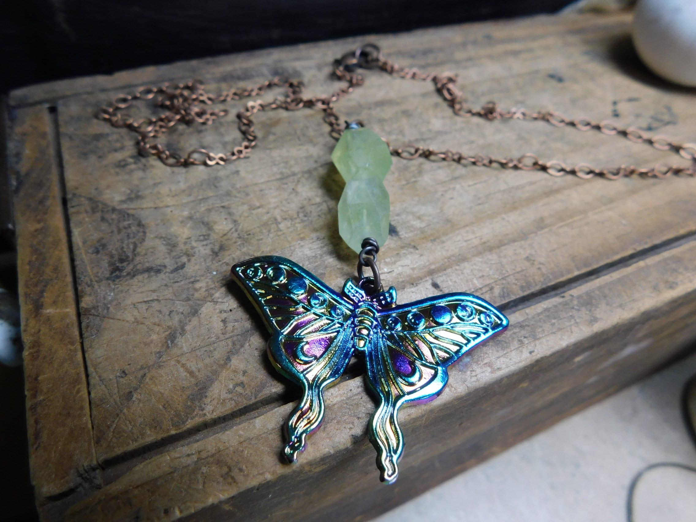 Darling Luna. Metalic Luna Moth pendant & Green Prehnite Chunky Nugget Necklace. 20" Copper Chain Necklace