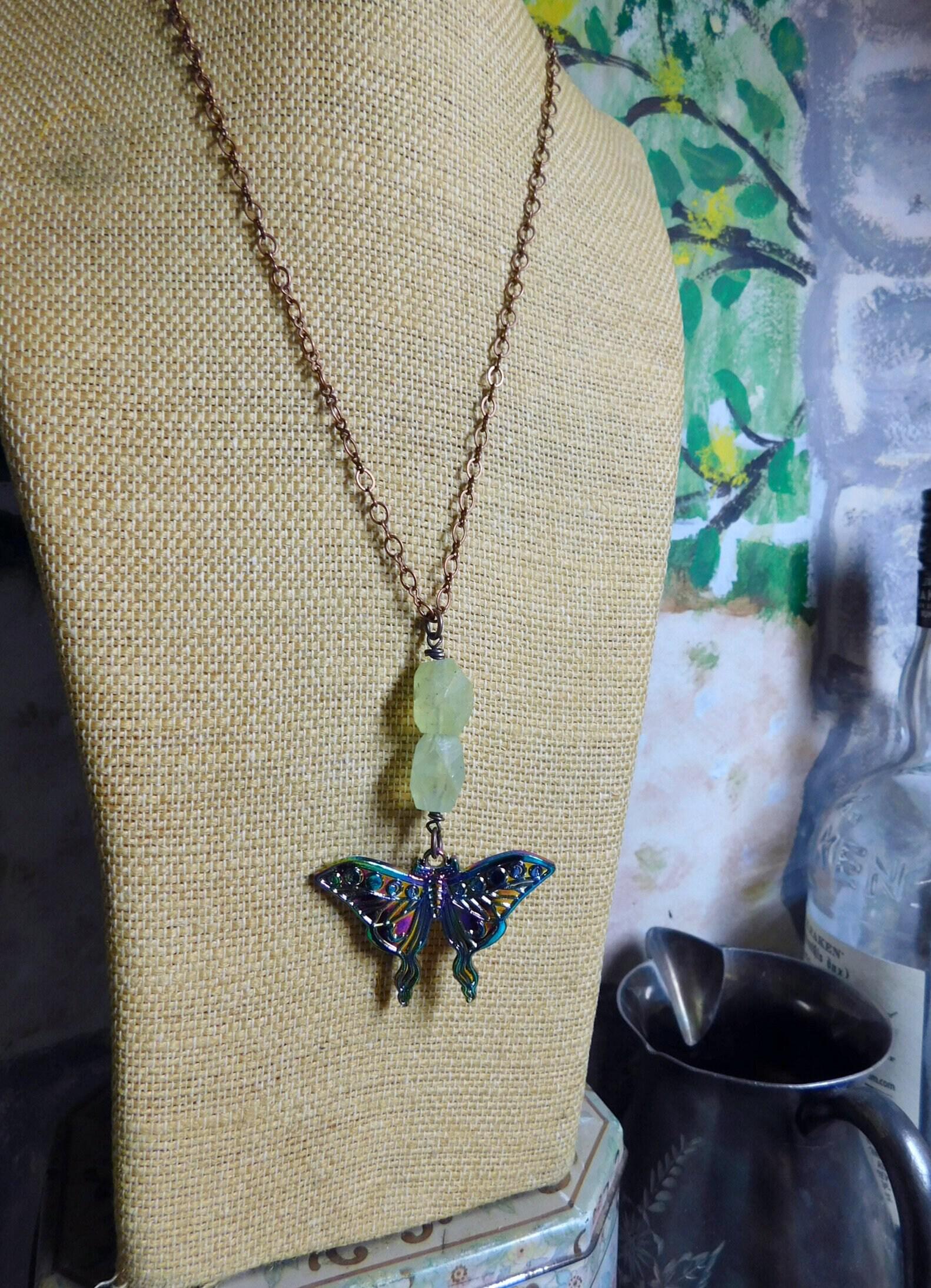 Darling Luna. Metalic Luna Moth pendant & Green Prehnite Chunky Nugget Necklace. 20" Copper Chain Necklace