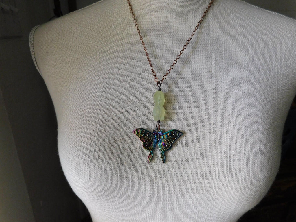 Darling Luna. Metalic Luna Moth pendant & Green Prehnite Chunky Nugget Necklace. 20" Copper Chain Necklace
