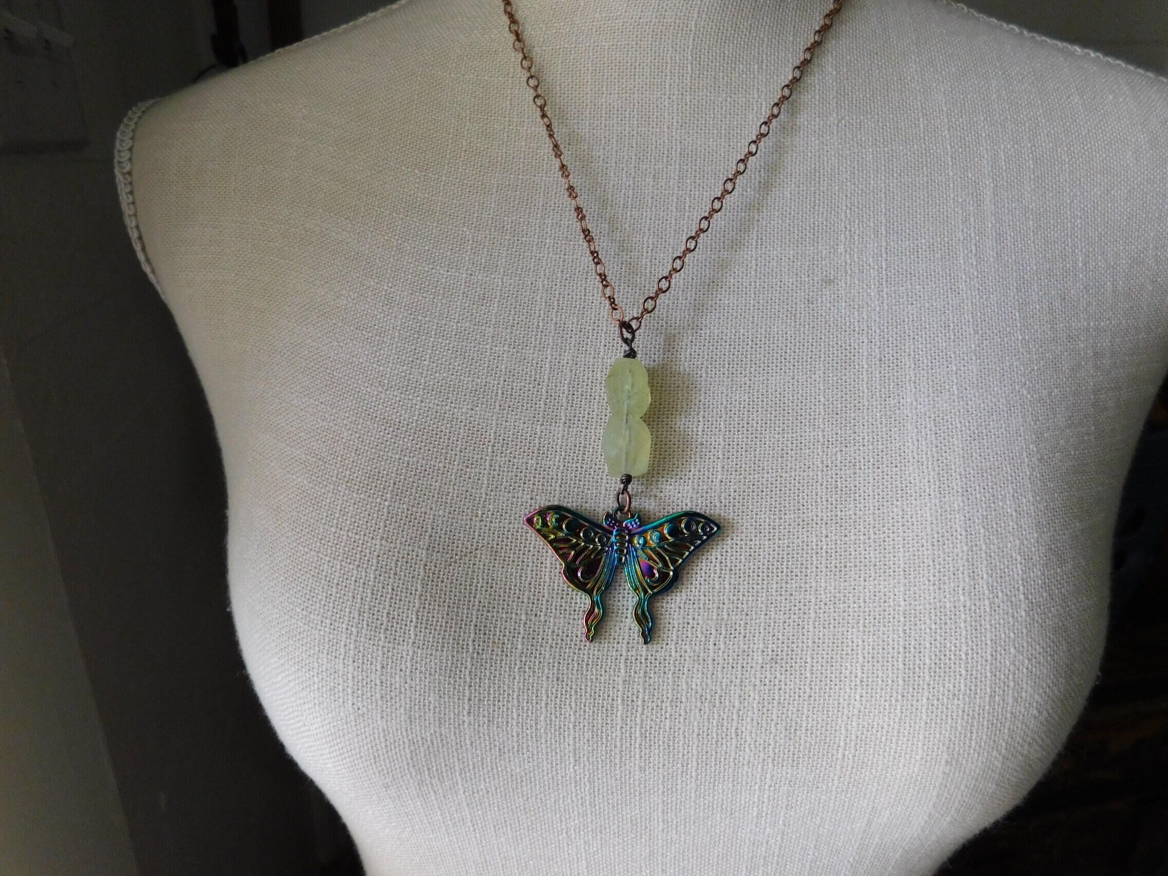 Darling Luna. Metalic Luna Moth pendant & Green Prehnite Chunky Nugget Necklace. 20" Copper Chain Necklace