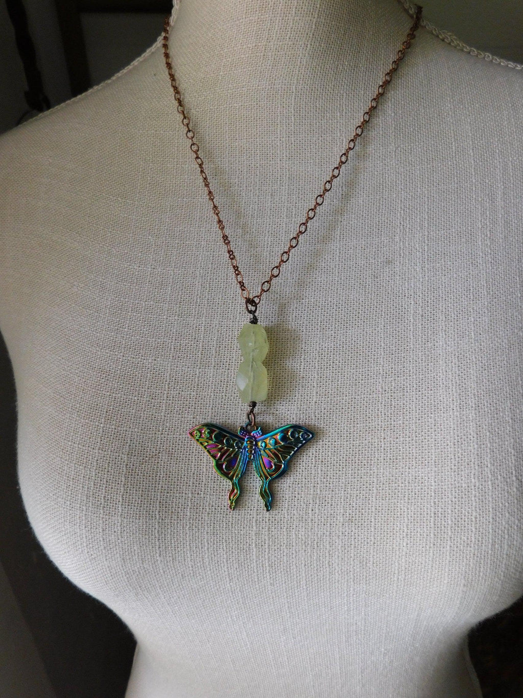 Darling Luna. Metalic Luna Moth pendant & Green Prehnite Chunky Nugget Necklace. 20" Copper Chain Necklace