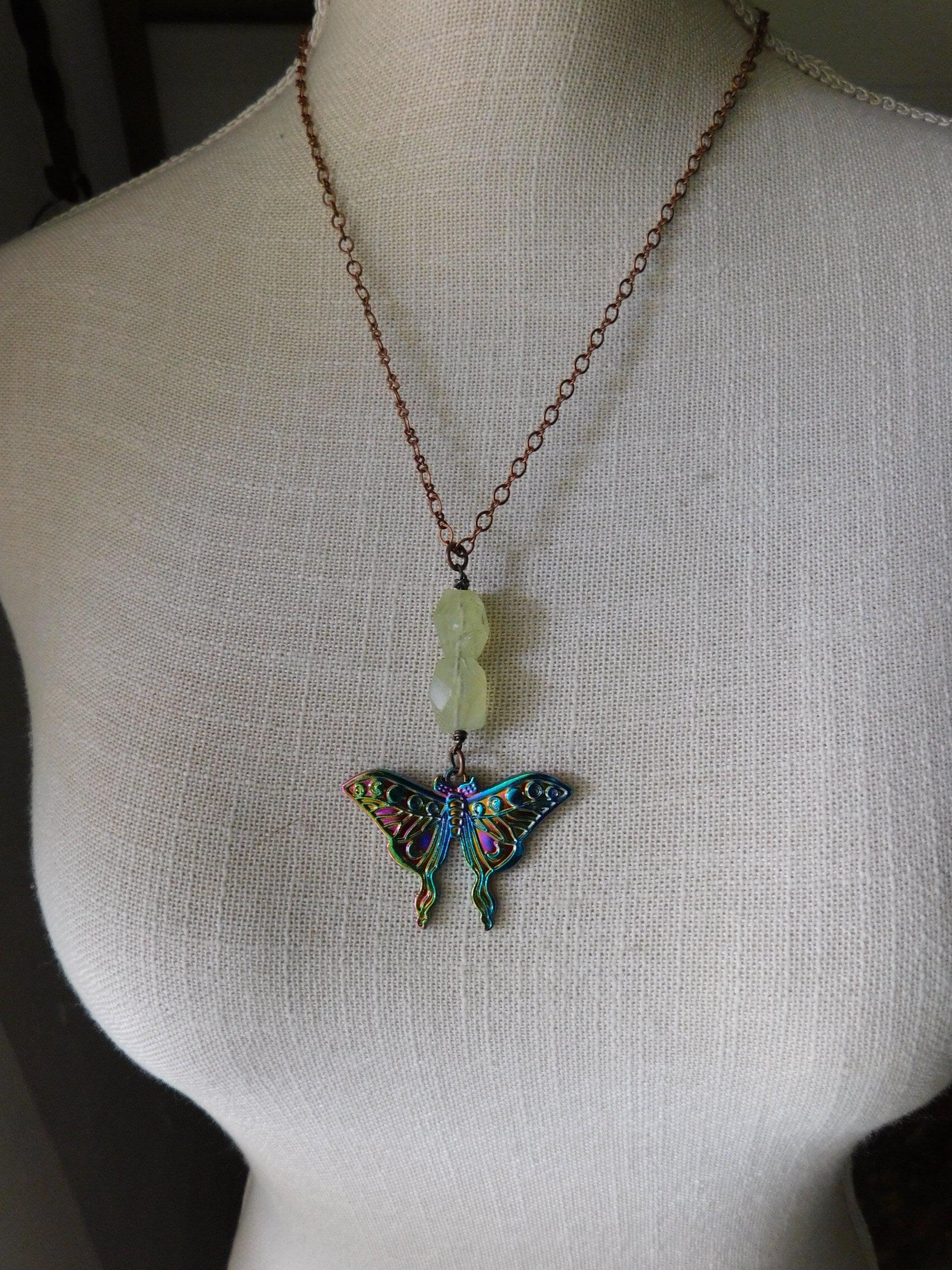 Darling Luna. Metalic Luna Moth pendant & Green Prehnite Chunky Nugget Necklace. 20" Copper Chain Necklace