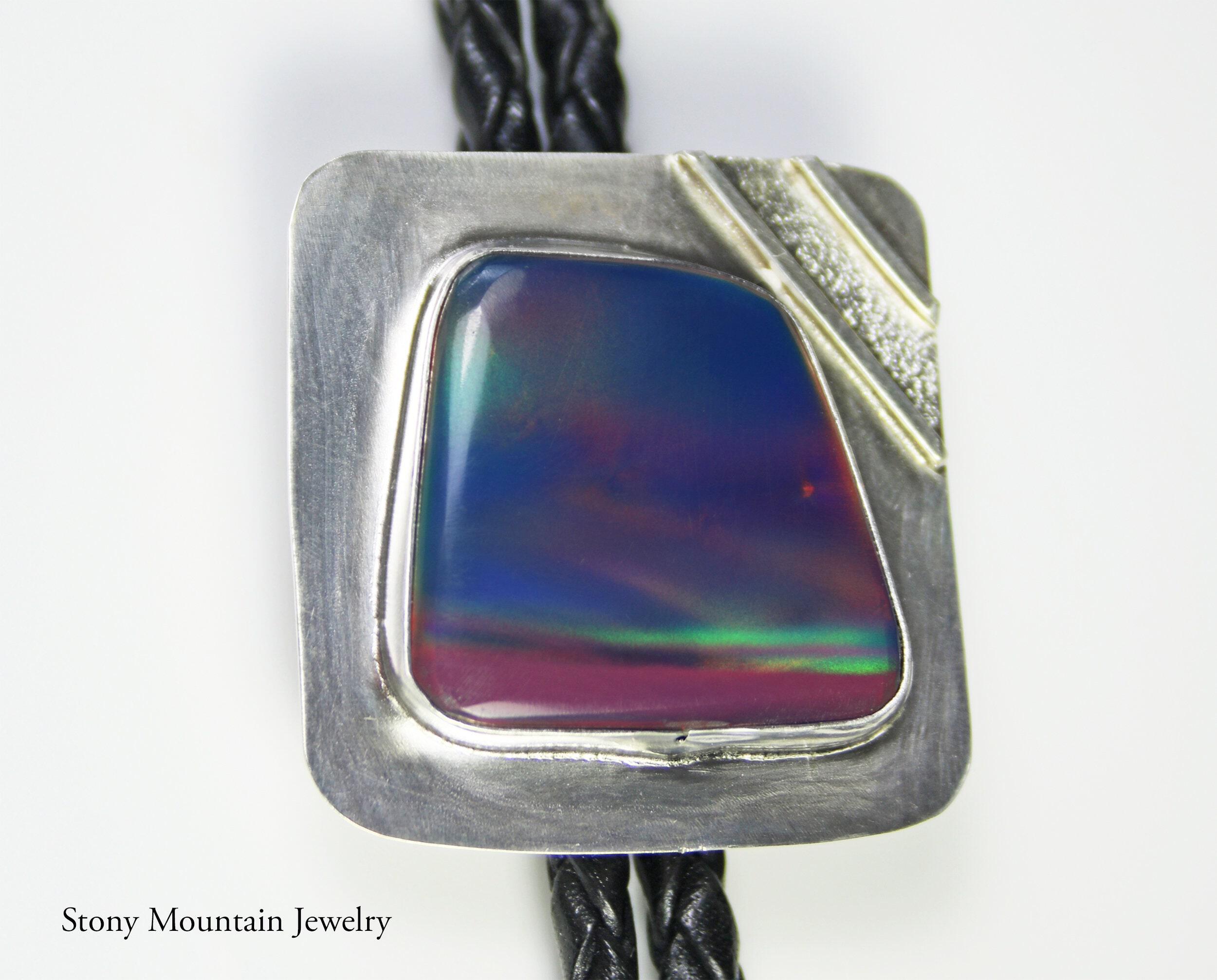 Designer Bolo Tie, Unique Custom Wedding Bolo Tie, Handmade Aurora Opal Bolo Tie for Men or Women, Sterling Silver Bolo Tie