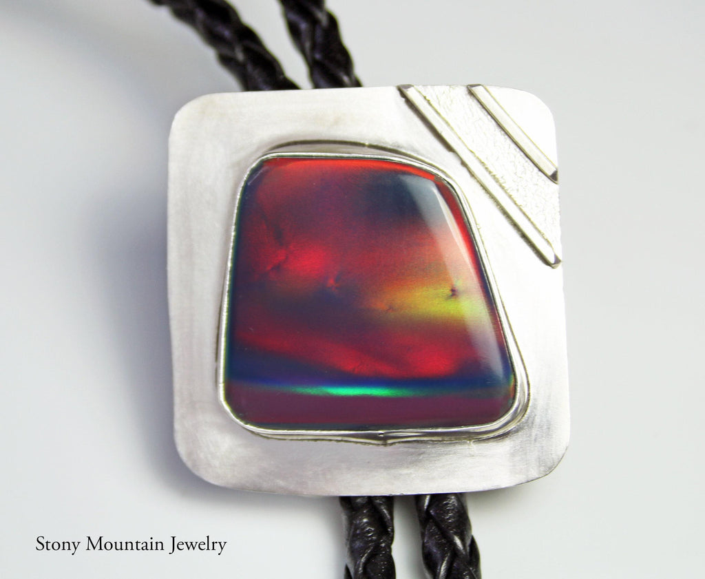 Designer Bolo Tie, Unique Custom Wedding Bolo Tie, Handmade Aurora Opal Bolo Tie for Men or Women, Sterling Silver Bolo Tie