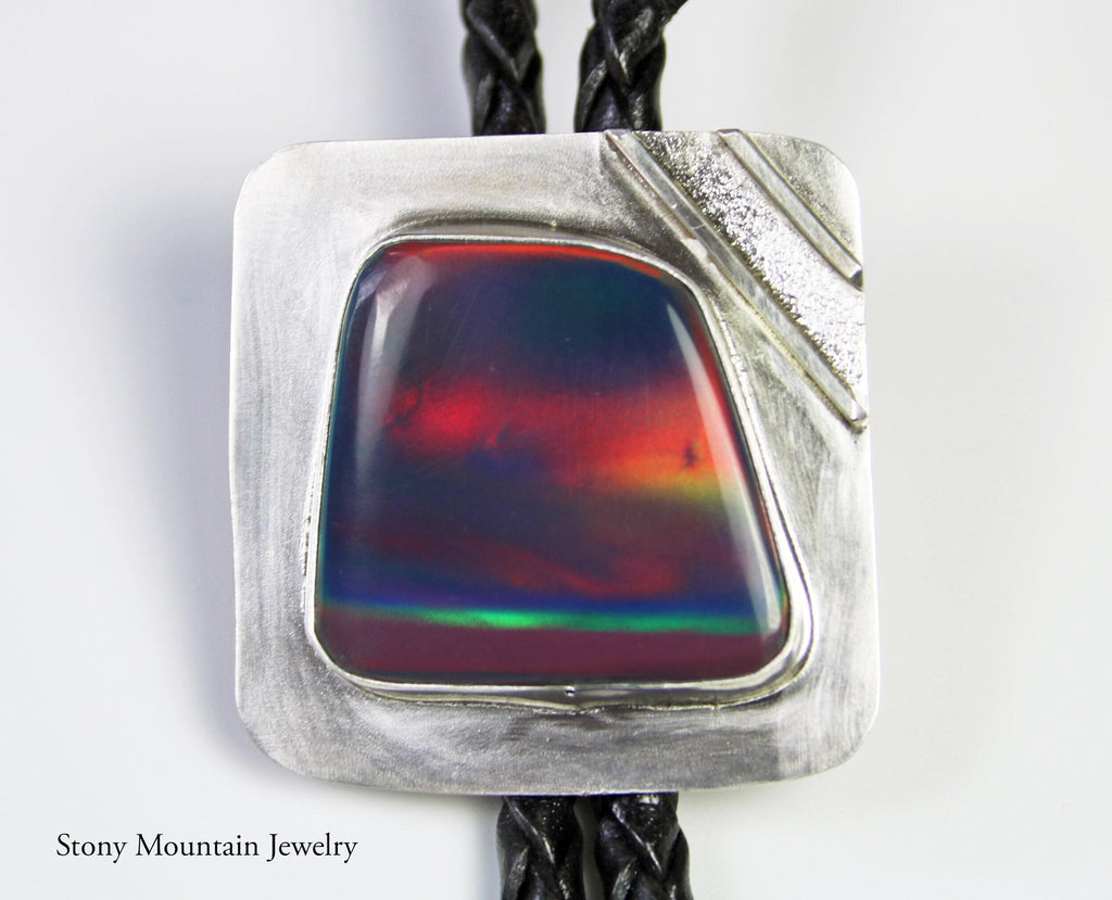 Designer Bolo Tie, Unique Custom Wedding Bolo Tie, Handmade Aurora Opal Bolo Tie for Men or Women, Sterling Silver Bolo Tie