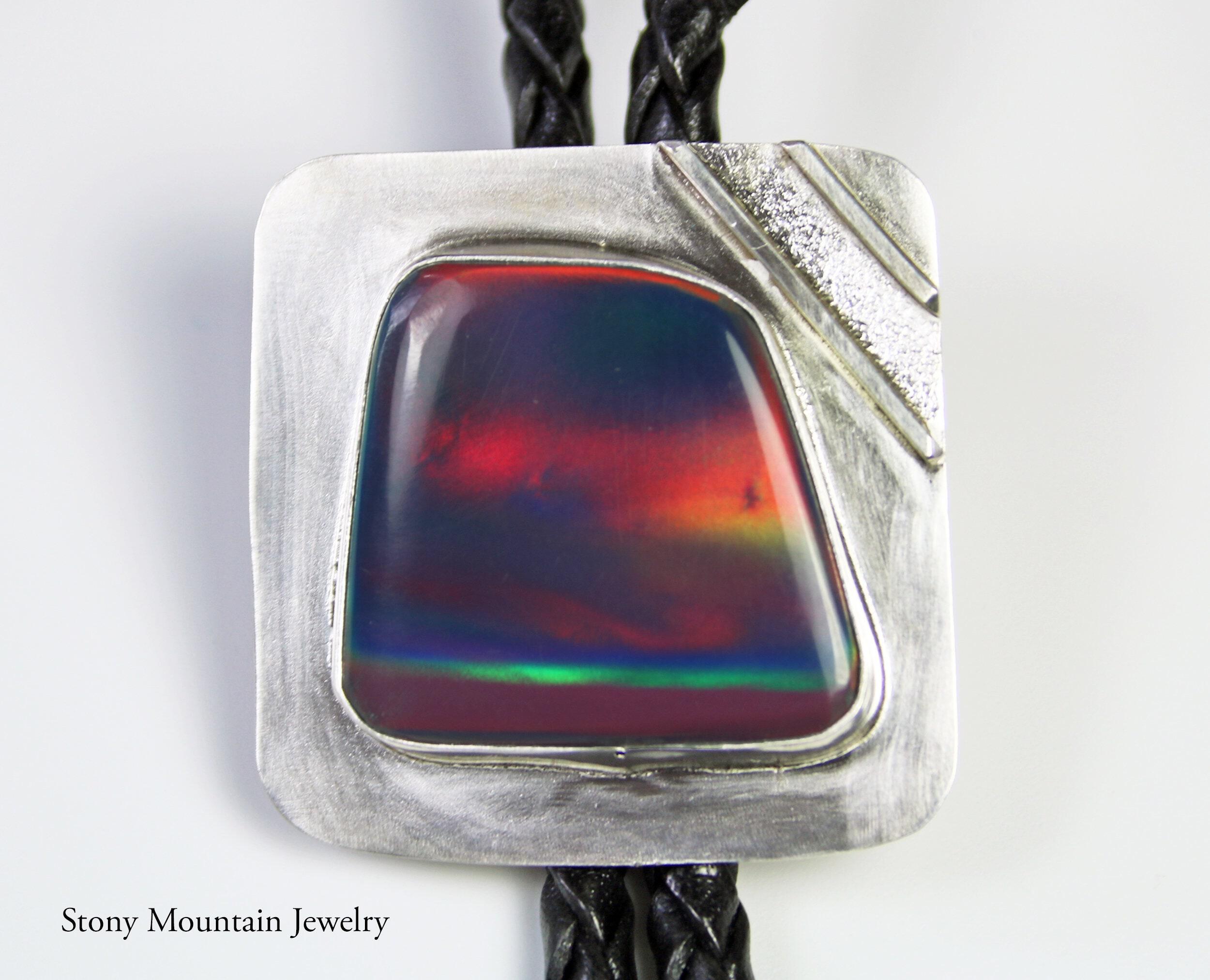 Designer Bolo Tie, Unique Custom Wedding Bolo Tie, Handmade Aurora Opal Bolo Tie for Men or Women, Sterling Silver Bolo Tie