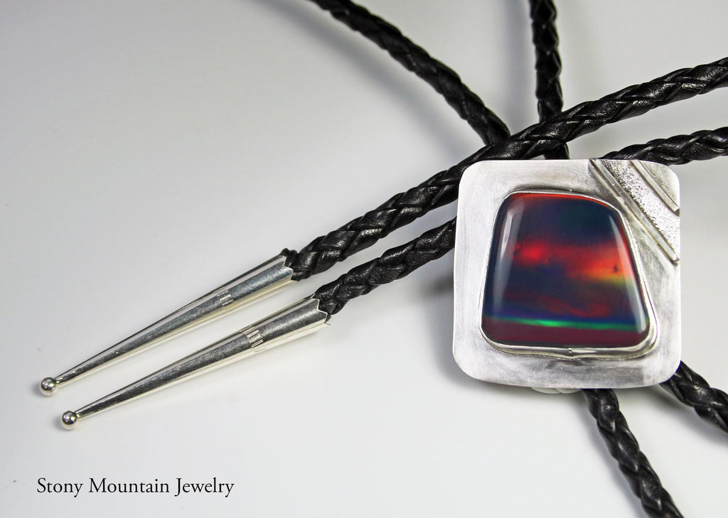 Designer Bolo Tie, Unique Custom Wedding Bolo Tie, Handmade Aurora Opal Bolo Tie for Men or Women, Sterling Silver Bolo Tie