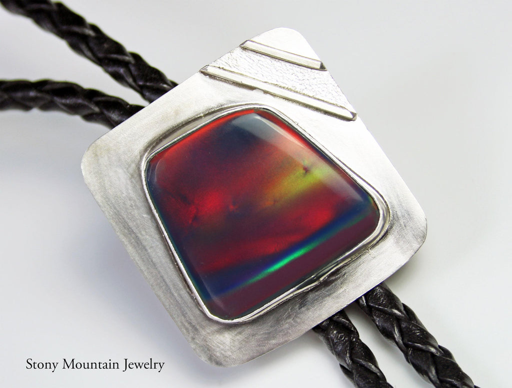 Designer Bolo Tie, Unique Custom Wedding Bolo Tie, Handmade Aurora Opal Bolo Tie for Men or Women, Sterling Silver Bolo Tie