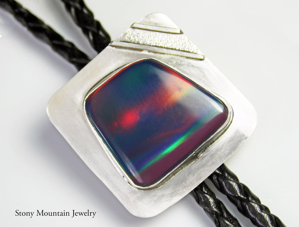 Designer Bolo Tie, Unique Custom Wedding Bolo Tie, Handmade Aurora Opal Bolo Tie for Men or Women, Sterling Silver Bolo Tie