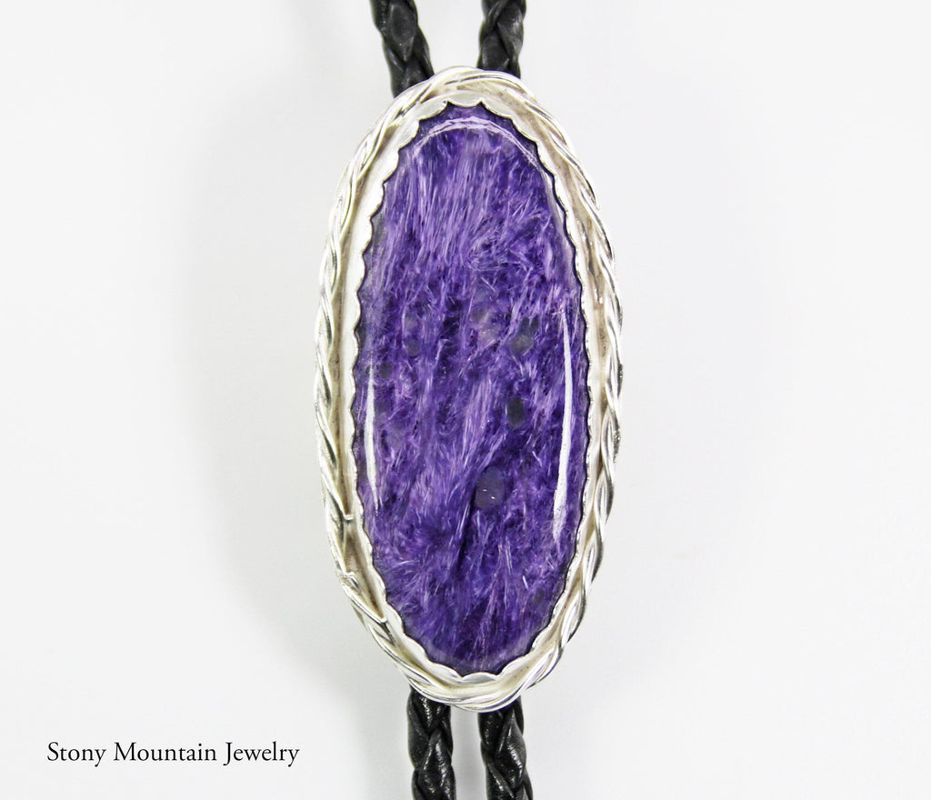 Handmade Custom Bolo Tie, Unique Wedding Bolo Tie, Charoite Bolo Tie for Men or Women, One of a Kind Sterling Silver Bolo Tie
