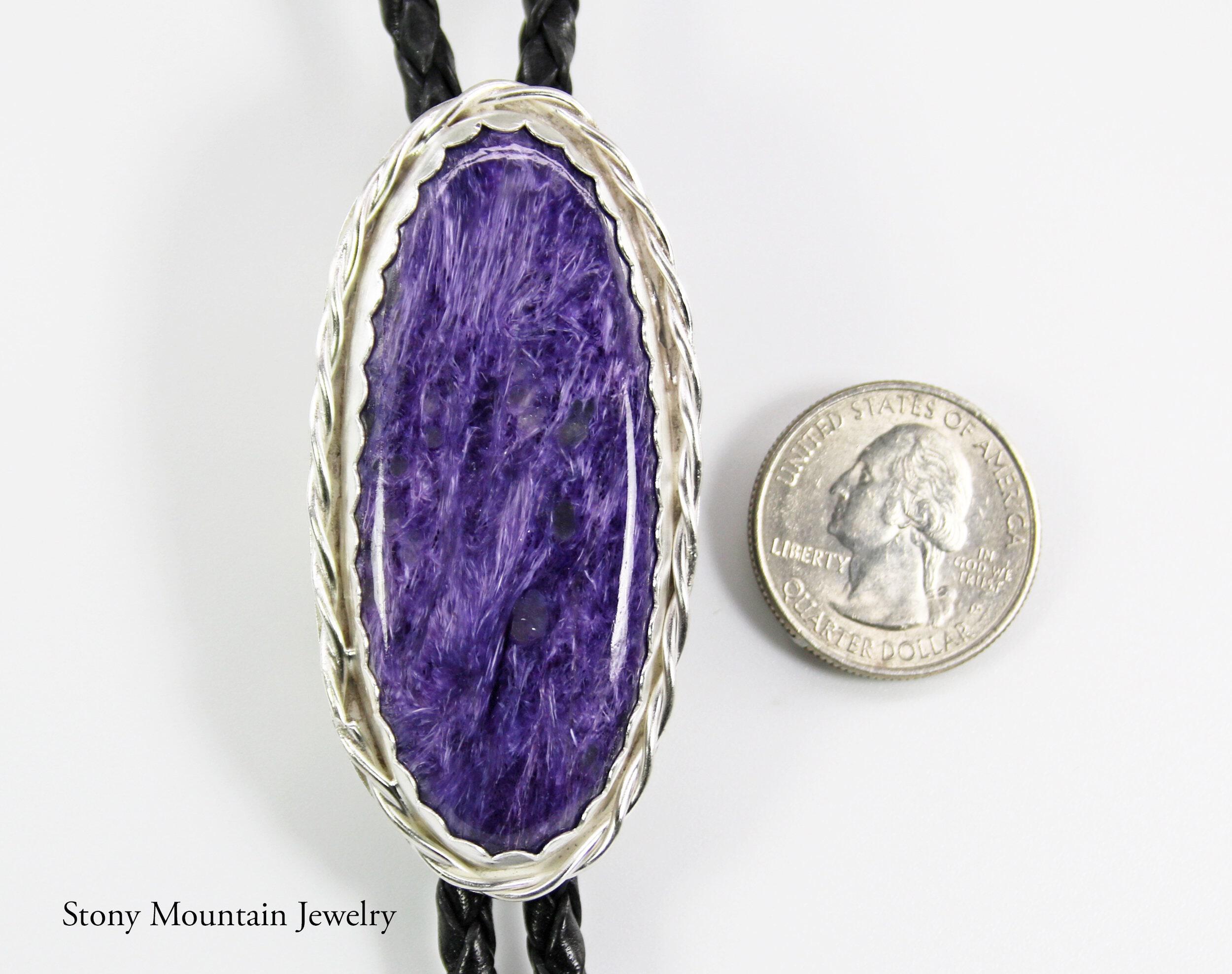 Handmade Custom Bolo Tie, Unique Wedding Bolo Tie, Charoite Bolo Tie for Men or Women, One of a Kind Sterling Silver Bolo Tie