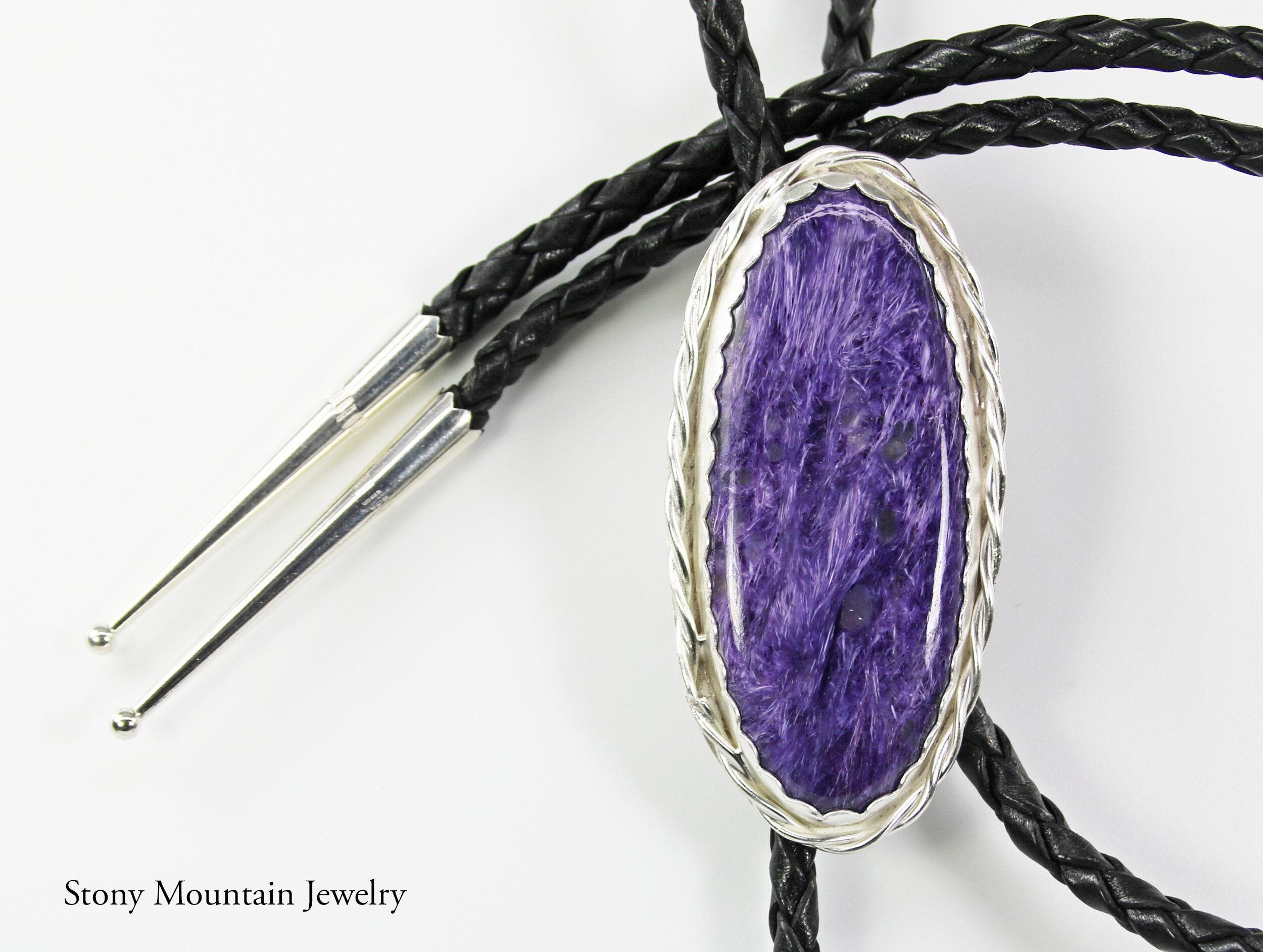 Handmade Custom Bolo Tie, Unique Wedding Bolo Tie, Charoite Bolo Tie for Men or Women, One of a Kind Sterling Silver Bolo Tie
