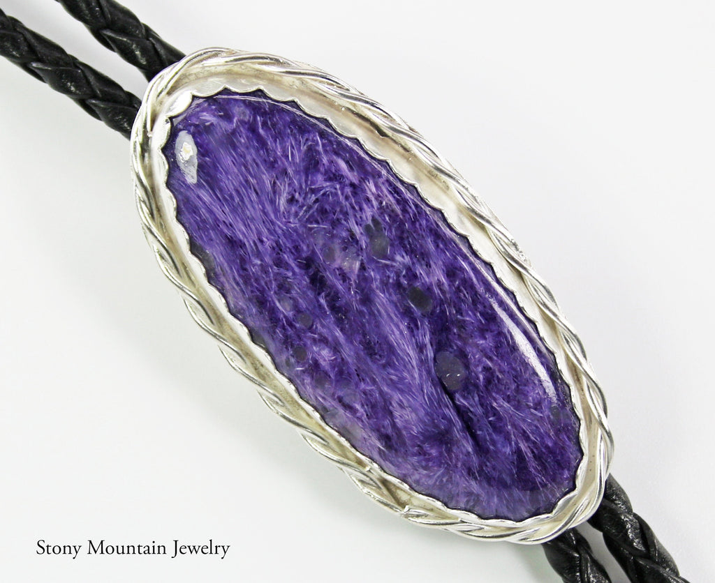 Handmade Custom Bolo Tie, Unique Wedding Bolo Tie, Charoite Bolo Tie for Men or Women, One of a Kind Sterling Silver Bolo Tie