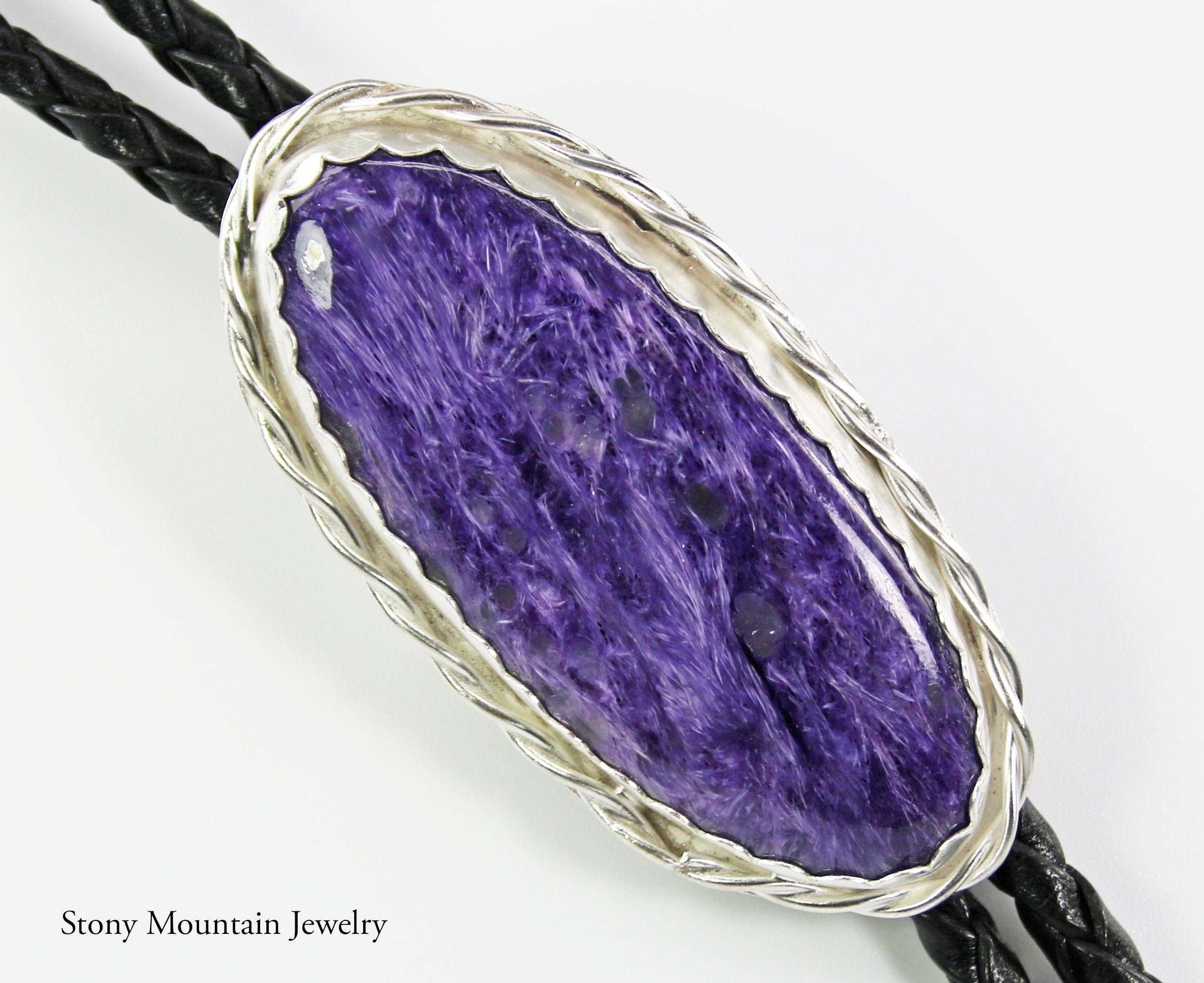 Handmade Custom Bolo Tie, Unique Wedding Bolo Tie, Charoite Bolo Tie for Men or Women, One of a Kind Sterling Silver Bolo Tie