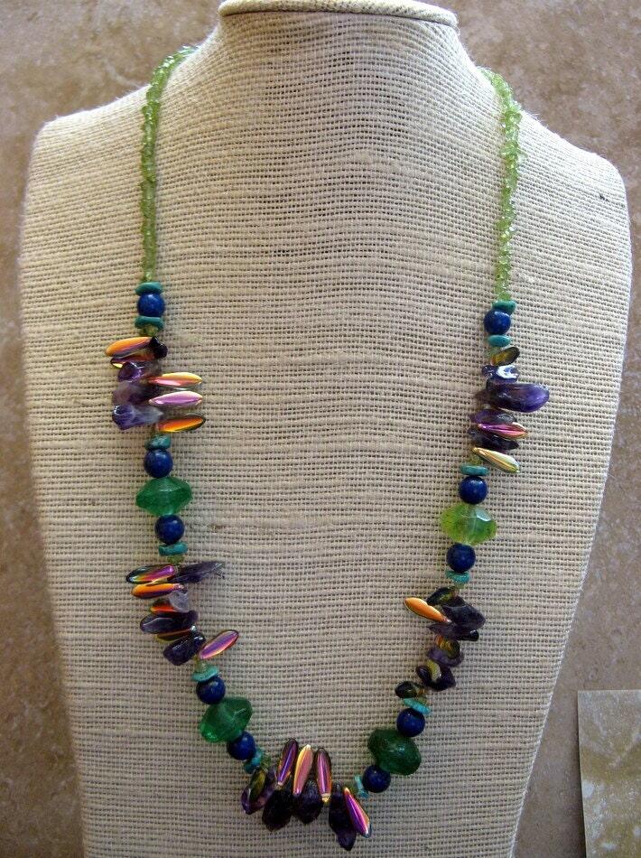 nebula necklace, iridescent beaded necklace, purple and green, amethyst and peridot-- handmade by thebeadedlily