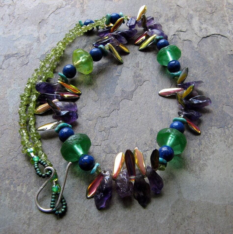 nebula necklace, iridescent beaded necklace, purple and green, amethyst and peridot-- handmade by thebeadedlily