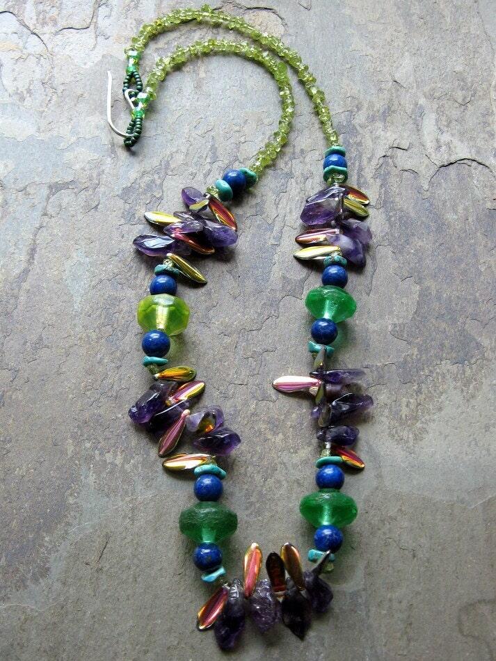 nebula necklace, iridescent beaded necklace, purple and green, amethyst and peridot-- handmade by thebeadedlily