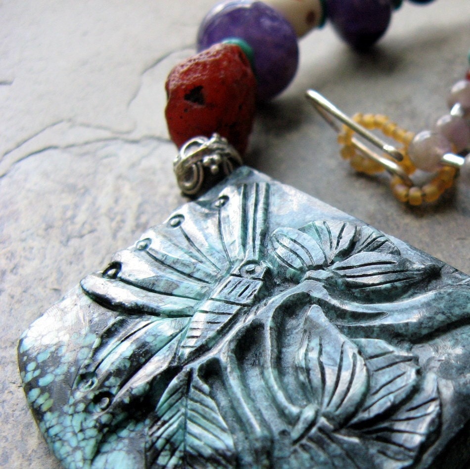 butterfly brocade-- turquoise and amethyst beaded necklace, large statement necklace-- handmade by thebeadedily