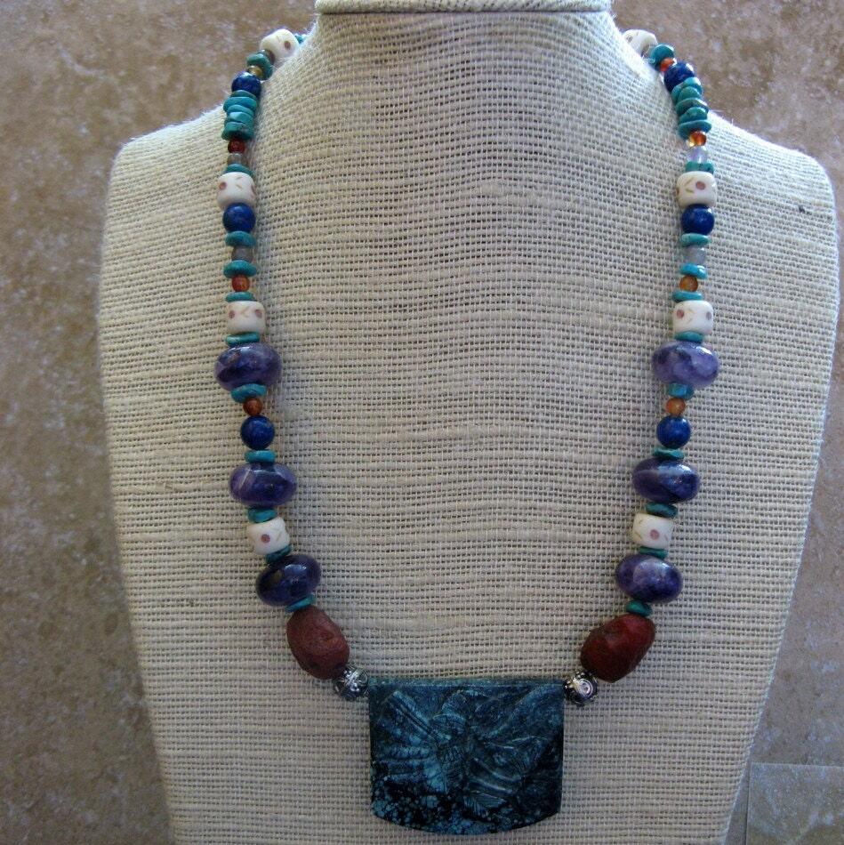 butterfly brocade-- turquoise and amethyst beaded necklace, large statement necklace-- handmade by thebeadedily