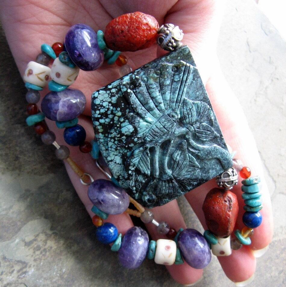 butterfly brocade-- turquoise and amethyst beaded necklace, large statement necklace-- handmade by thebeadedily