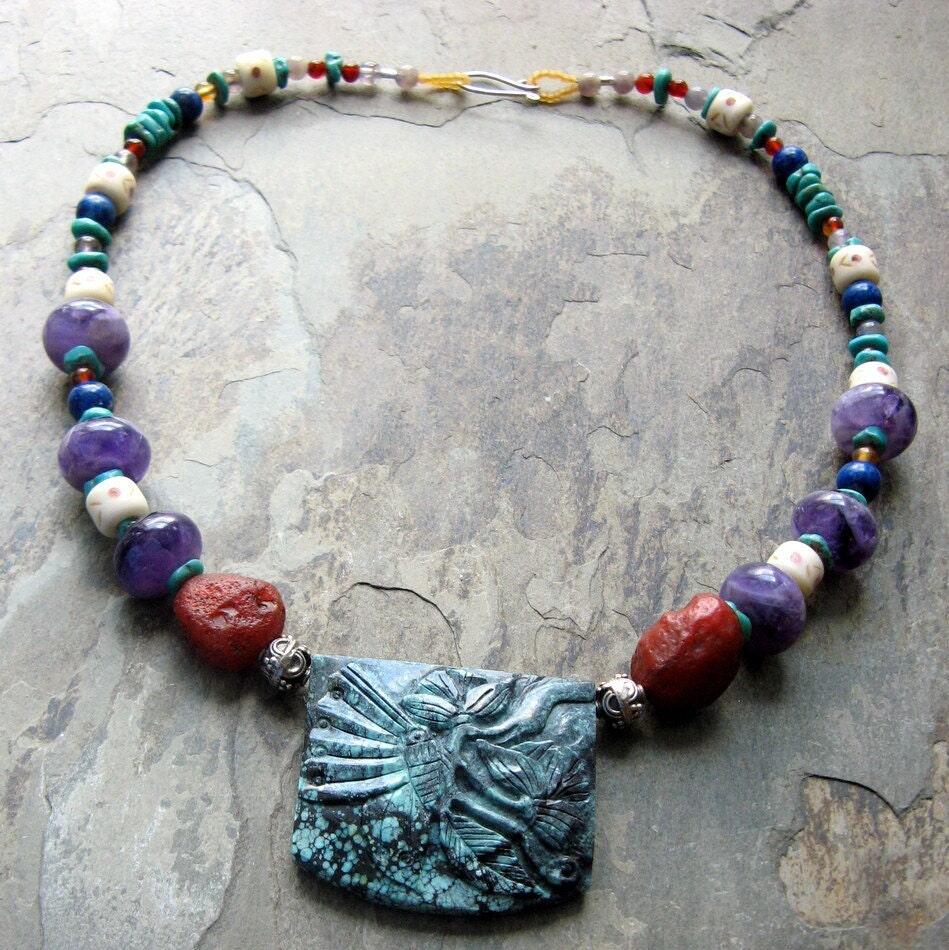 butterfly brocade-- turquoise and amethyst beaded necklace, large statement necklace-- handmade by thebeadedily