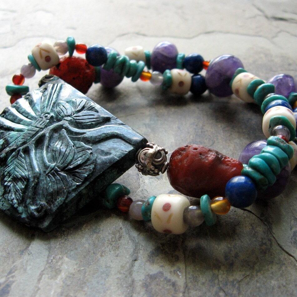 butterfly brocade-- turquoise and amethyst beaded necklace, large statement necklace-- handmade by thebeadedily
