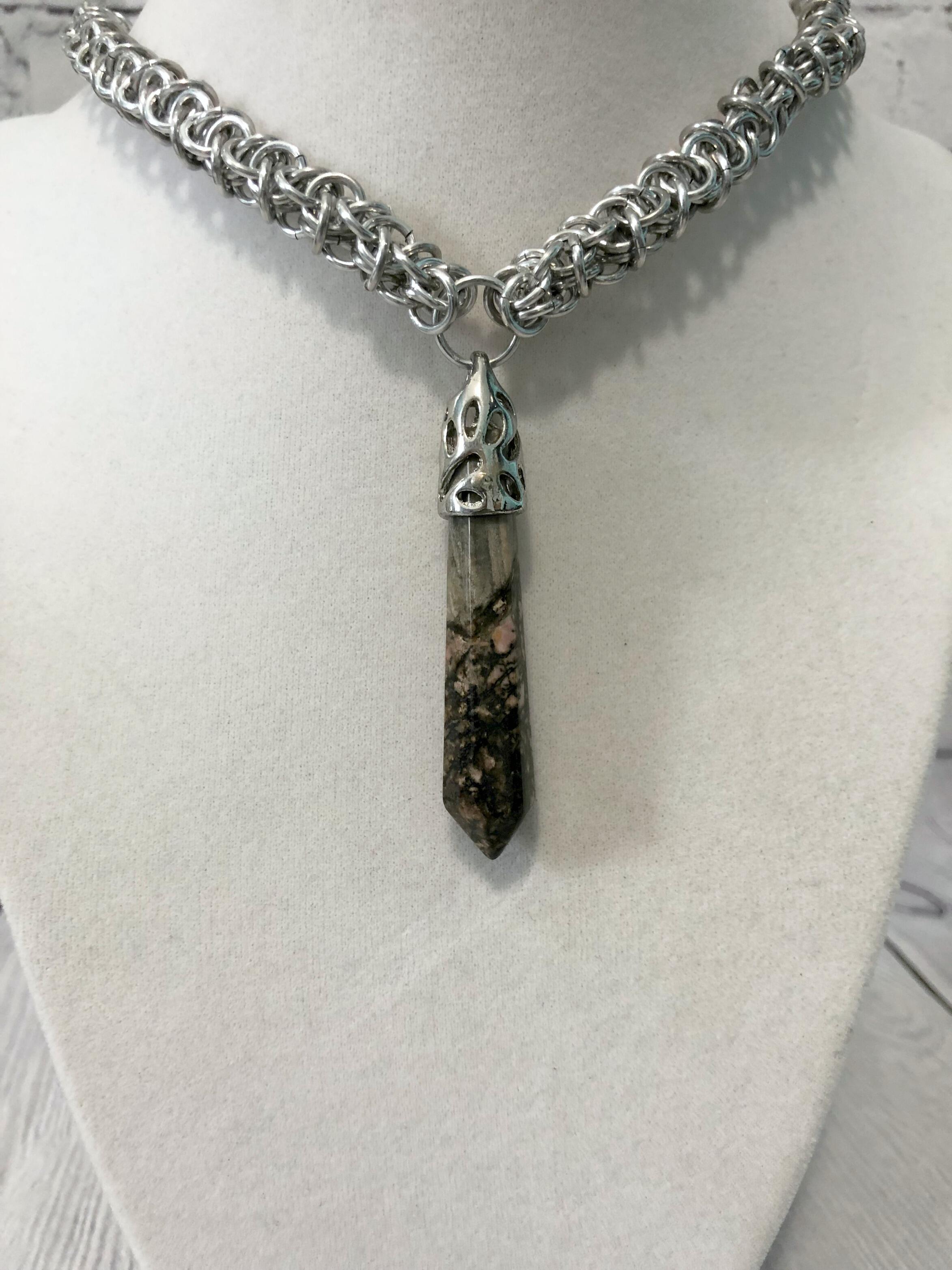 Jasper Pendant Necklace, Elfweave Chainmaille, 18-26 Inch