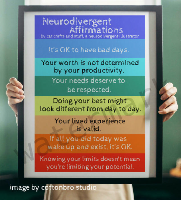 Neurodivergent Affirmations ( Autism, ADHD, SPD and more). Instant digital download- printable wall art. Watermark will NOT appear in the download you purchase.