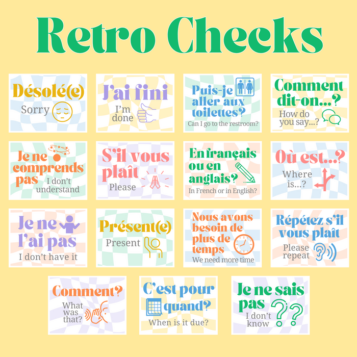 French Class Printable: Classroom Phrases ~ Set of 15 Posters, 6 Designs Included ~ Bulletin Board Display ~ Pastels, Rainbow, Checkerboard