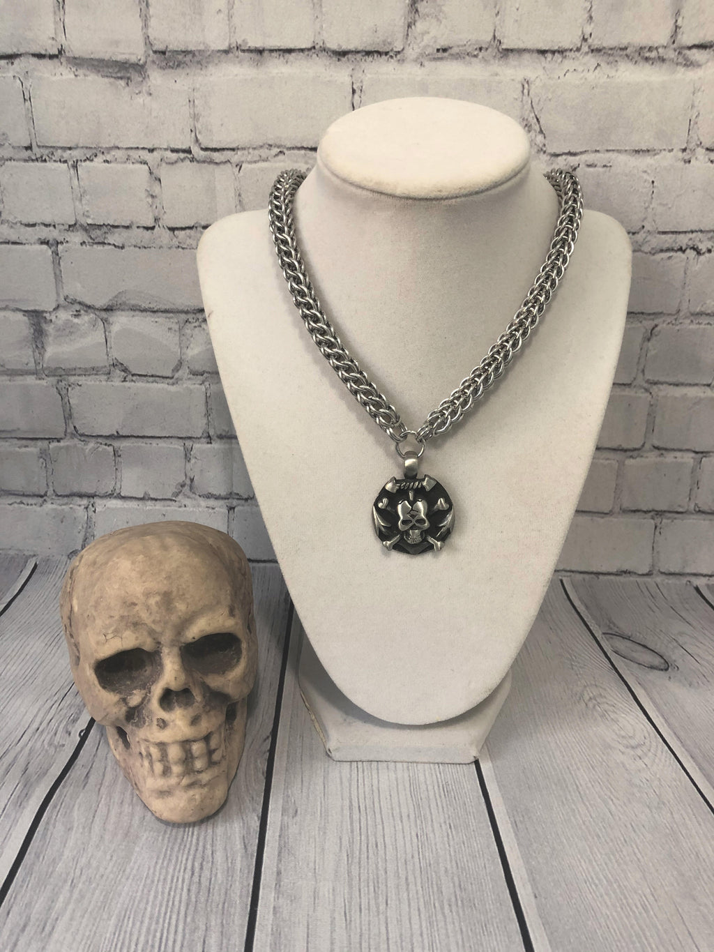 Skull Pendant Necklace, Full Persian Chainmaille, 18-26 Inch