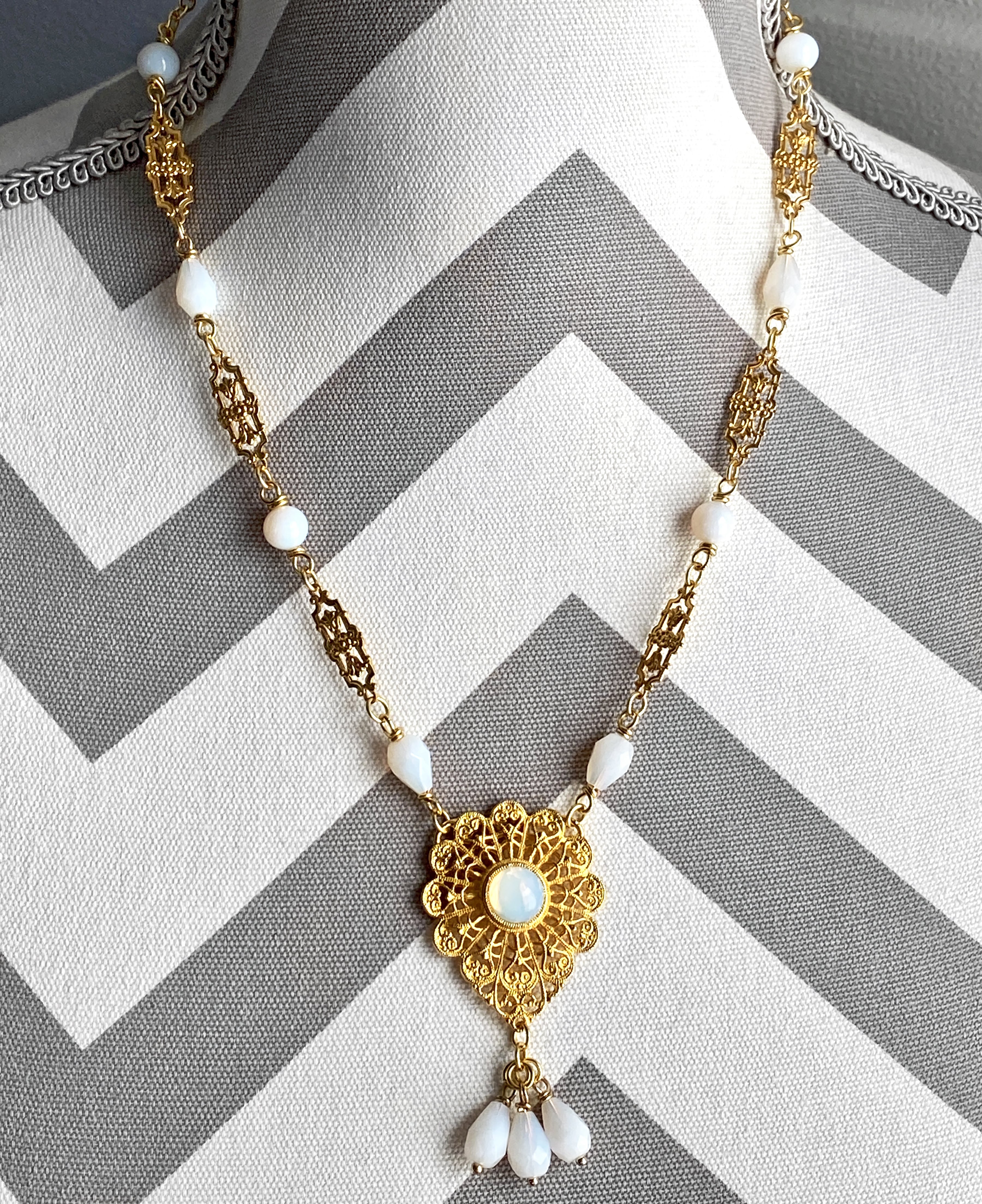 White Opaline Gold Filigree Necklace, 24 Inches Long