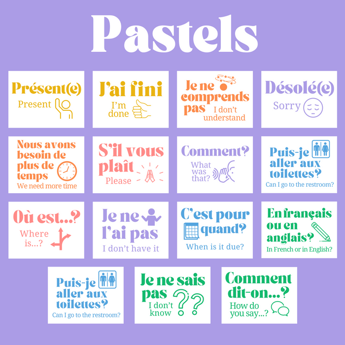 French Class Printable: Classroom Phrases ~ Set of 15 Posters, 6 Designs Included ~ Bulletin Board Display ~ Pastels, Rainbow, Checkerboard