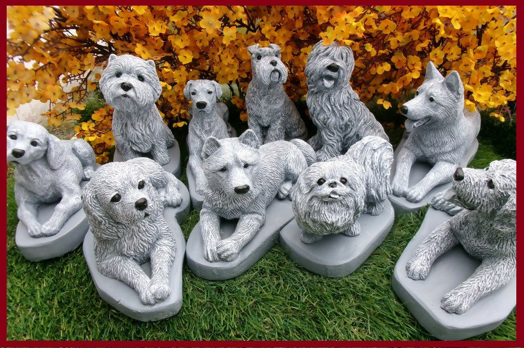 Concrete dog figurines King Charles Beagle Pekingese Korthals Griffin Sheepdog Schnauzer Akita, German Shepherd Dog Great Dane