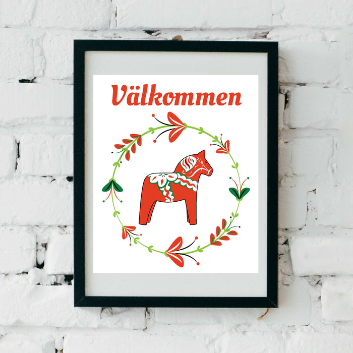 Dala Horse Wall Art Print, Swedish Dalahorse Welcome Sign, Instant Digital Printable Download