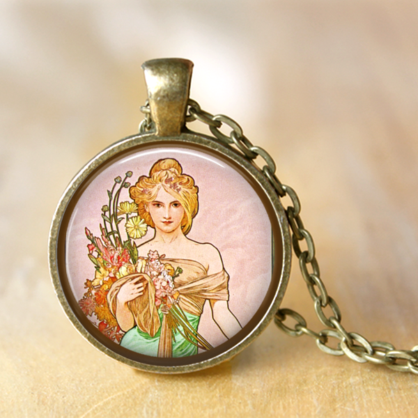 Art Nouveau style Alphonse Mucha art pendant necklace with rolo style chain, art jewelry
