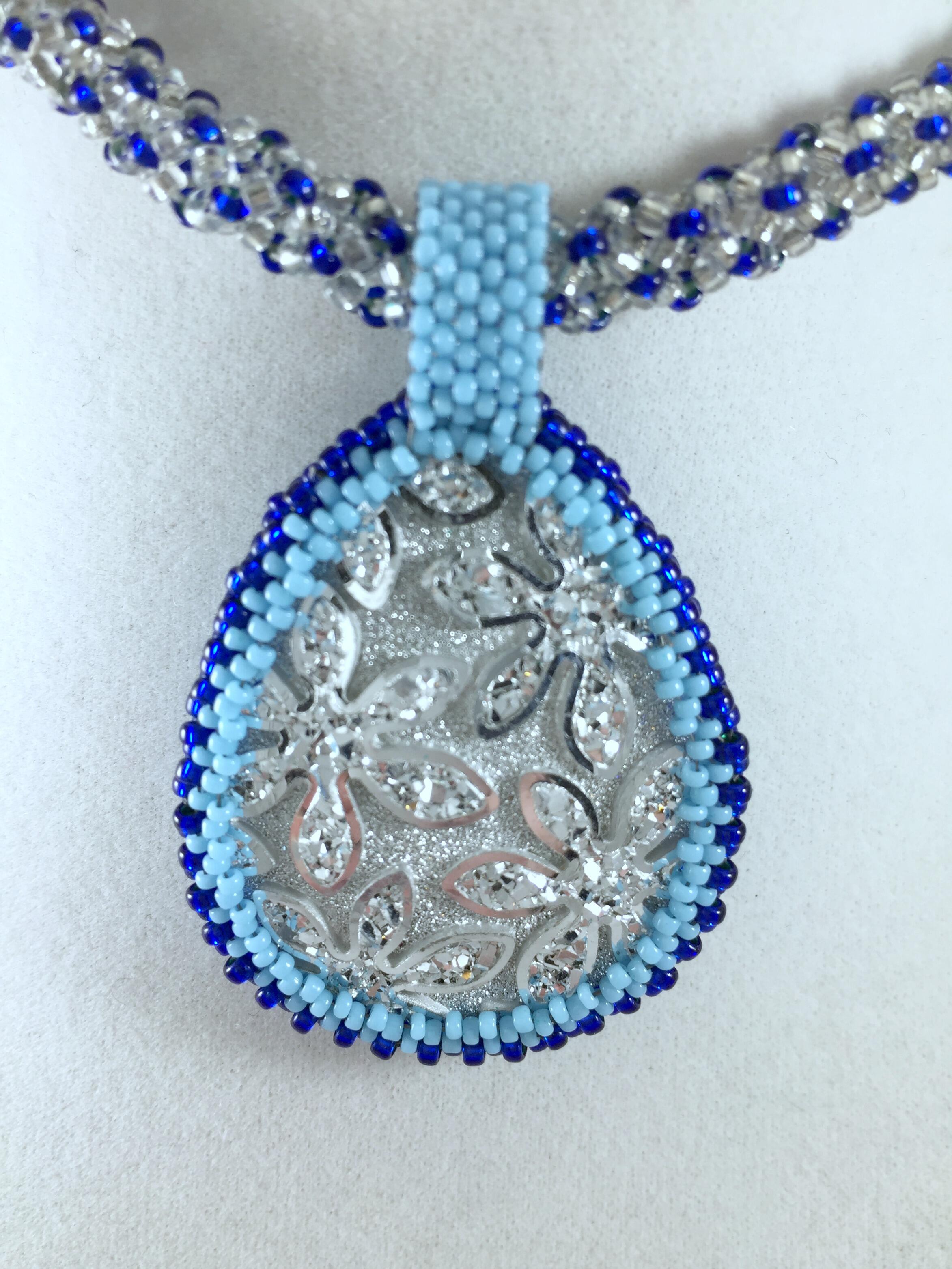 Beaded Necklace with Silver Acrylic Pendant, Chenille Stitch Bead Work, 19 Inch
