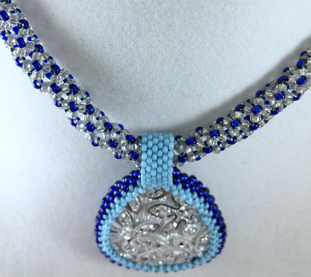 Beaded Necklace with Silver Acrylic Pendant, Chenille Stitch Bead Work, 19 Inch