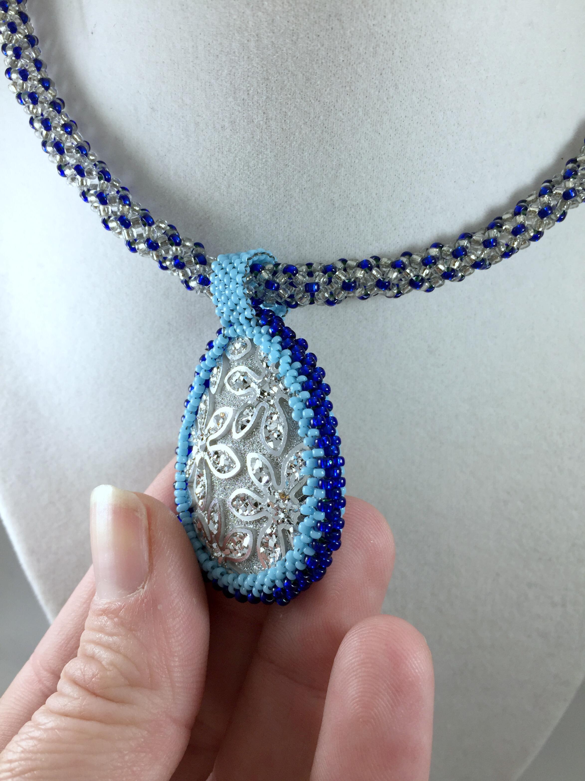 Beaded Necklace with Silver Acrylic Pendant, Chenille Stitch Bead Work, 19 Inch