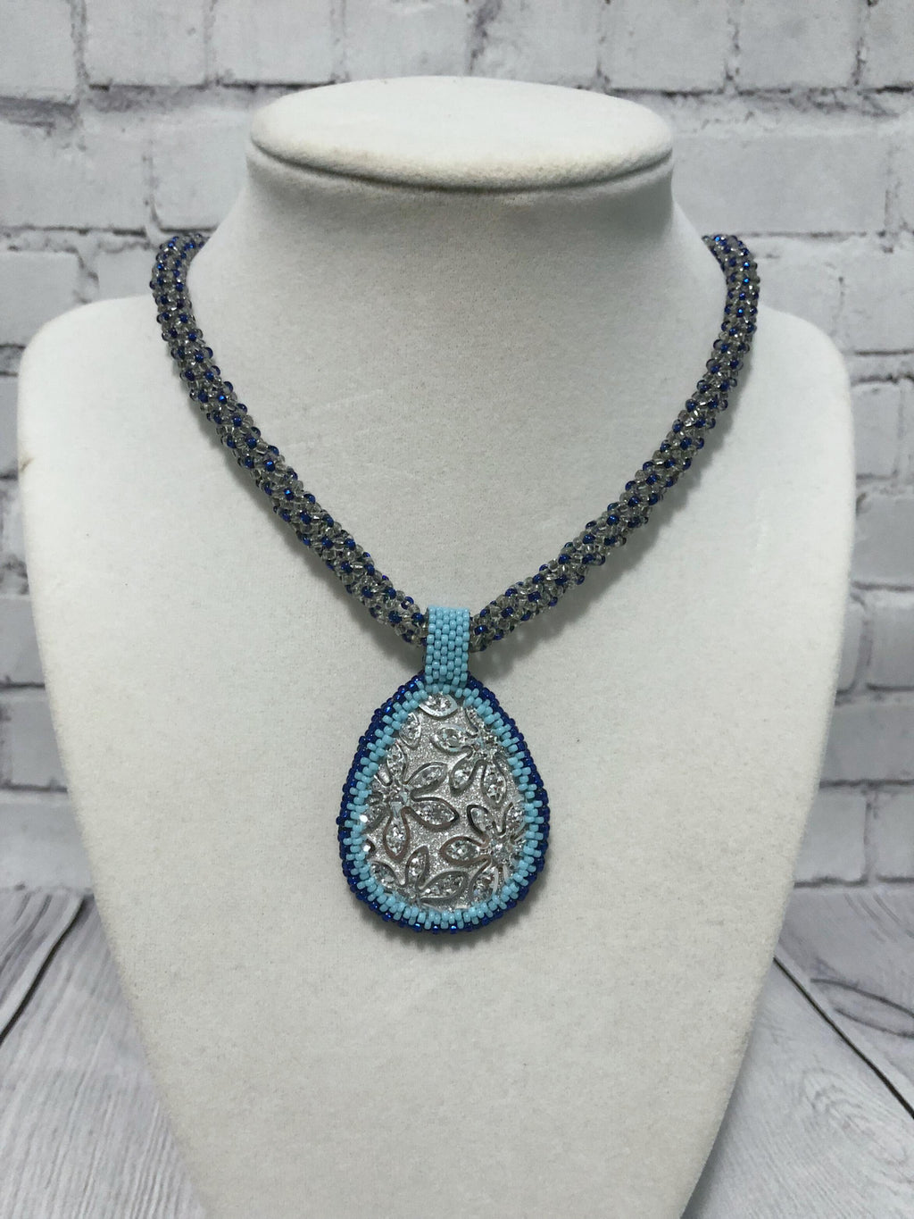 Beaded Necklace with Silver Acrylic Pendant, Chenille Stitch Bead Work, 19 Inch