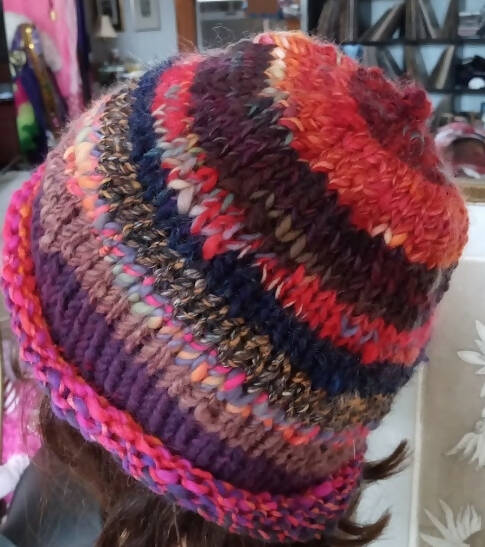 Striped Handknit Hat in Reds Handspun Wool Yarn