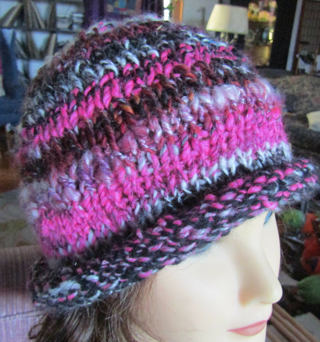 Handspun Handknit Hat in Hot Pink Black White Wool