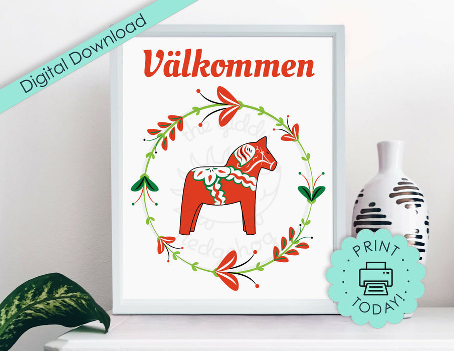 Dala Horse Wall Art Print, Swedish Dalahorse Welcome Sign, Instant Digital Printable Download